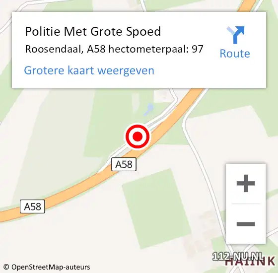 Locatie op kaart van de 112 melding: Politie Met Grote Spoed Naar Roosendaal, A58 hectometerpaal: 97 op 26 augustus 2022 23:12