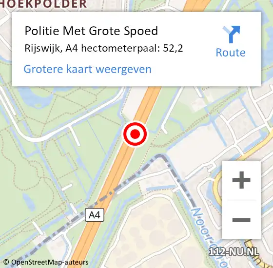 Locatie op kaart van de 112 melding: Politie Met Grote Spoed Naar Rijswijk, A4 hectometerpaal: 52,2 op 27 augustus 2022 04:01
