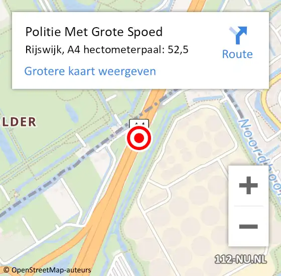 Locatie op kaart van de 112 melding: Politie Met Grote Spoed Naar Rijswijk, A4 hectometerpaal: 52,5 op 27 augustus 2022 04:02