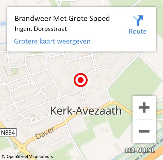 Locatie op kaart van de 112 melding: Brandweer Met Grote Spoed Naar Ingen, Dorpsstraat op 27 augustus 2022 10:44