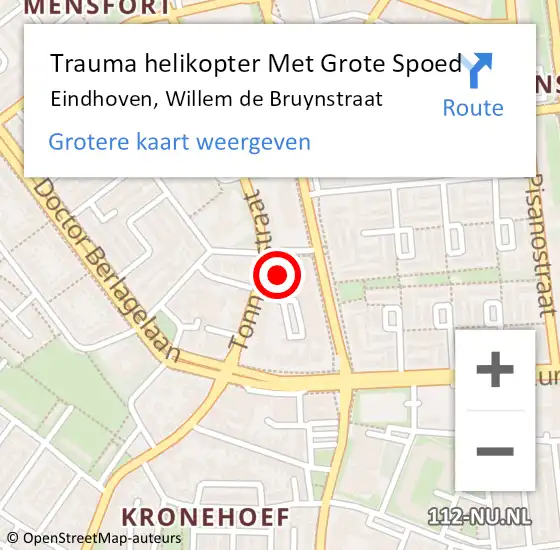 Locatie op kaart van de 112 melding: Trauma helikopter Met Grote Spoed Naar Eindhoven, Willem de Bruynstraat op 27 augustus 2022 14:48