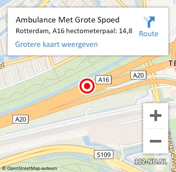 Locatie op kaart van de 112 melding: Ambulance Met Grote Spoed Naar Rotterdam, A16 hectometerpaal: 14,8 op 27 augustus 2022 15:56