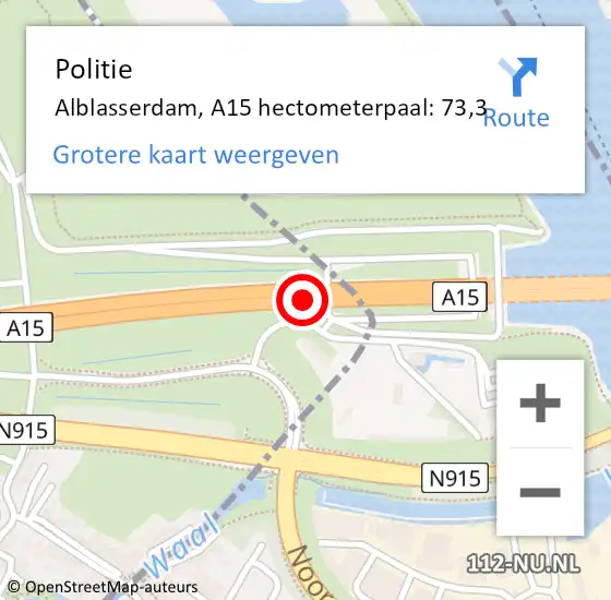Locatie op kaart van de 112 melding: Politie Ridderkerk, A15 hectometerpaal: 73,3 op 27 augustus 2022 18:34