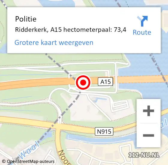 Locatie op kaart van de 112 melding: Politie Ridderkerk, A15 hectometerpaal: 73,4 op 27 augustus 2022 18:35