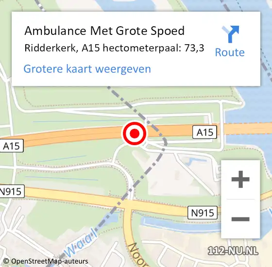 Locatie op kaart van de 112 melding: Ambulance Met Grote Spoed Naar Ridderkerk, A15 hectometerpaal: 73,3 op 27 augustus 2022 18:41