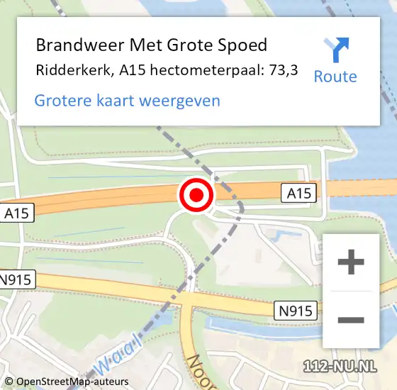 Locatie op kaart van de 112 melding: Brandweer Met Grote Spoed Naar Ridderkerk, A15 hectometerpaal: 73,3 op 27 augustus 2022 18:49