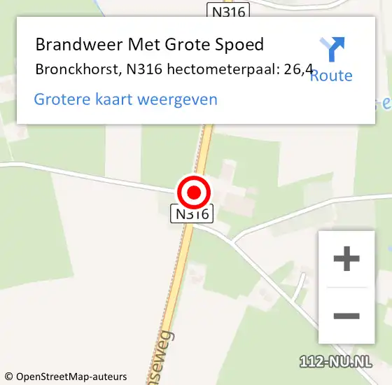 Locatie op kaart van de 112 melding: Brandweer Met Grote Spoed Naar Bronckhorst, N316 hectometerpaal: 26,4 op 27 augustus 2022 23:17