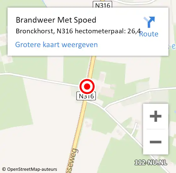 Locatie op kaart van de 112 melding: Brandweer Met Spoed Naar Bronckhorst, N316 hectometerpaal: 26,4 op 27 augustus 2022 23:20