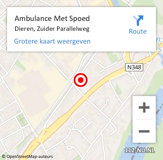 Locatie op kaart van de 112 melding: Ambulance Met Spoed Naar Dieren, Zuider Parallelweg op 28 augustus 2022 01:33
