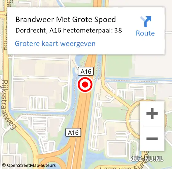 Locatie op kaart van de 112 melding: Brandweer Met Grote Spoed Naar Dordrecht, A16 hectometerpaal: 38 op 28 augustus 2022 09:23