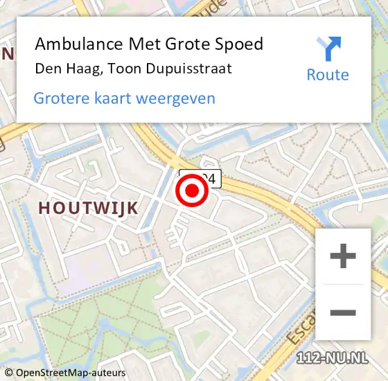 Locatie op kaart van de 112 melding: Ambulance Met Grote Spoed Naar Den Haag, Toon Dupuisstraat op 28 augustus 2022 10:27