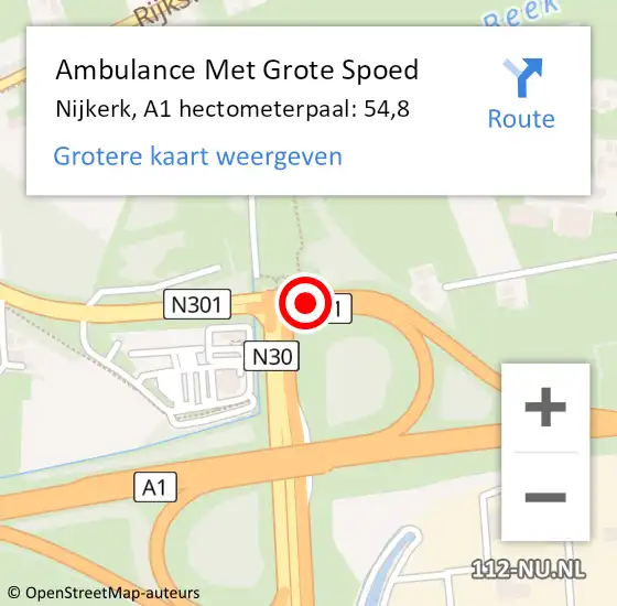 Locatie op kaart van de 112 melding: Ambulance Met Grote Spoed Naar Nijkerk, A1 hectometerpaal: 54,8 op 28 augustus 2022 14:50