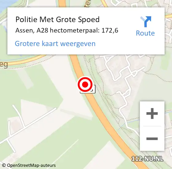 Locatie op kaart van de 112 melding: Politie Met Grote Spoed Naar Assen, A28 hectometerpaal: 172,6 op 28 augustus 2022 14:51