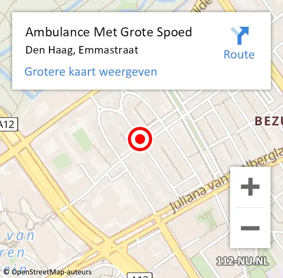 Locatie op kaart van de 112 melding: Ambulance Met Grote Spoed Naar Den Haag, Emmastraat op 29 augustus 2022 09:14