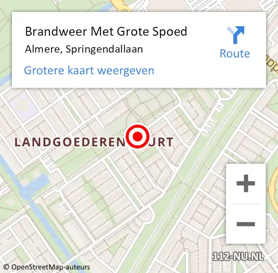 Locatie op kaart van de 112 melding: Brandweer Met Grote Spoed Naar Almere, Springendallaan op 29 augustus 2022 13:33