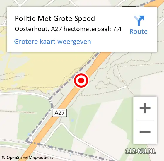 Locatie op kaart van de 112 melding: Politie Met Grote Spoed Naar Oosterhout, A27 hectometerpaal: 7,4 op 29 augustus 2022 14:35