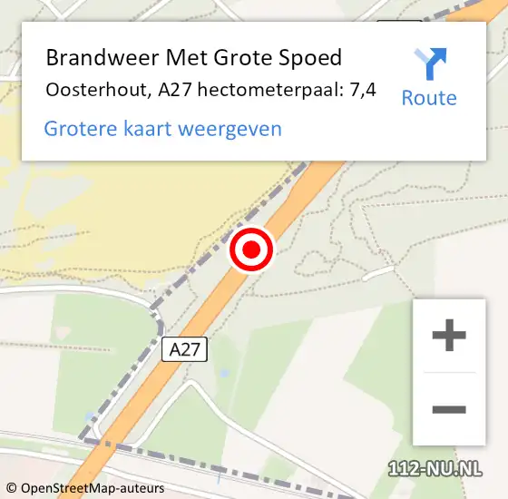 Locatie op kaart van de 112 melding: Brandweer Met Grote Spoed Naar Oosterhout, A27 hectometerpaal: 7,4 op 29 augustus 2022 14:39