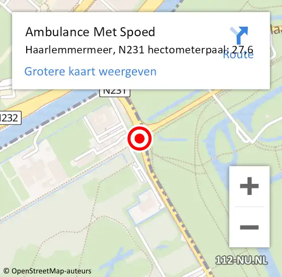 Locatie op kaart van de 112 melding: Ambulance Met Spoed Naar Haarlemmermeer, N231 hectometerpaal: 27,6 op 29 augustus 2022 16:12