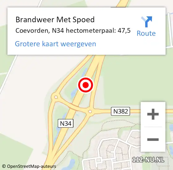 Locatie op kaart van de 112 melding: Brandweer Met Spoed Naar Coevorden, N34 hectometerpaal: 47,5 op 29 augustus 2022 16:23