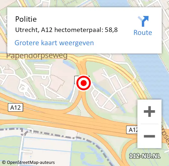 Locatie op kaart van de 112 melding: Politie Nieuwegein, A12 hectometerpaal: 58,8 op 29 augustus 2022 17:34