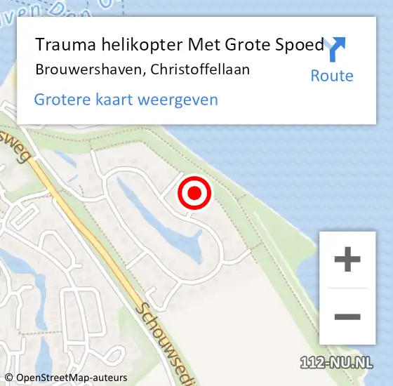 Locatie op kaart van de 112 melding: Trauma helikopter Met Grote Spoed Naar Brouwershaven, Christoffellaan op 29 augustus 2022 19:54