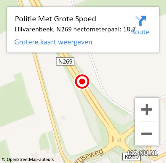 Locatie op kaart van de 112 melding: Politie Met Grote Spoed Naar Hilvarenbeek, N269 hectometerpaal: 18,7 op 29 augustus 2022 21:18