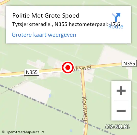 Locatie op kaart van de 112 melding: Politie Met Grote Spoed Naar Tytsjerksteradiel, N355 hectometerpaal: 17,6 op 30 augustus 2022 10:04