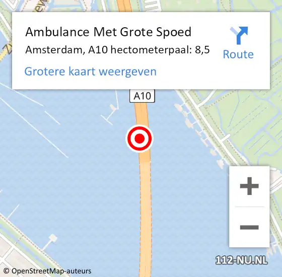 Locatie op kaart van de 112 melding: Ambulance Met Grote Spoed Naar Amsterdam, A10 hectometerpaal: 8,5 op 30 augustus 2022 17:10