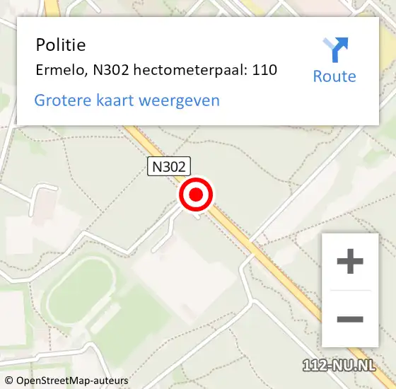 Locatie op kaart van de 112 melding: Politie Ermelo, N302 hectometerpaal: 110 op 30 augustus 2022 18:58