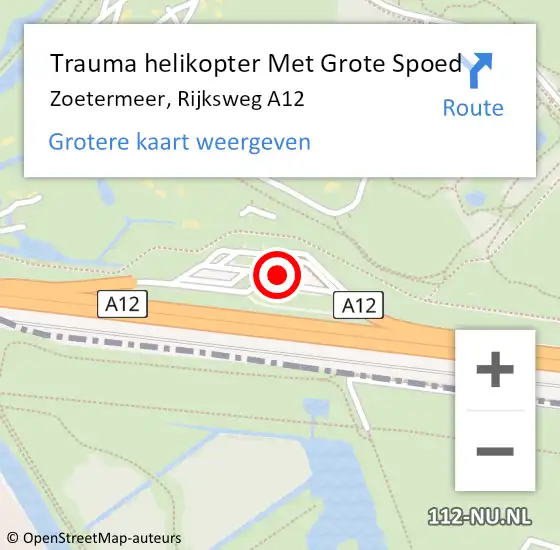 Locatie op kaart van de 112 melding: Trauma helikopter Met Grote Spoed Naar Zoetermeer, Rijksweg A12 op 31 augustus 2022 11:24