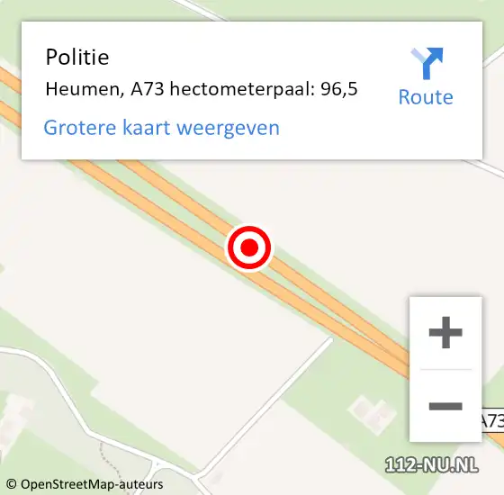 Locatie op kaart van de 112 melding: Politie Heumen, A73 hectometerpaal: 96,5 op 31 augustus 2022 12:36