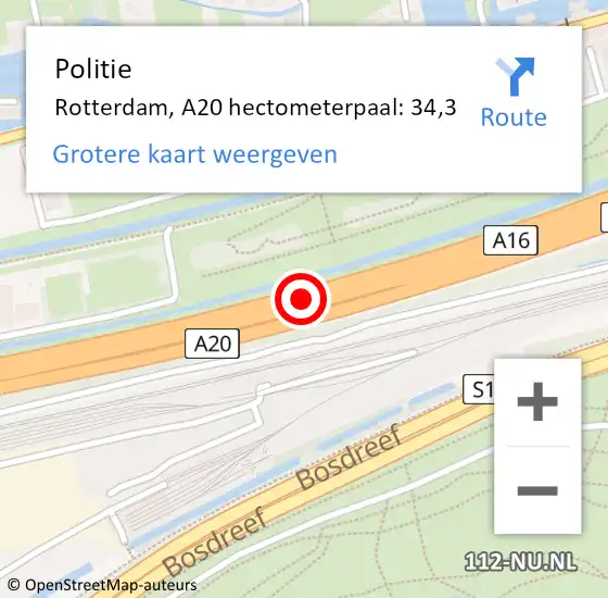 Locatie op kaart van de 112 melding: Politie Rotterdam, A20 hectometerpaal: 34,3 op 31 augustus 2022 14:42