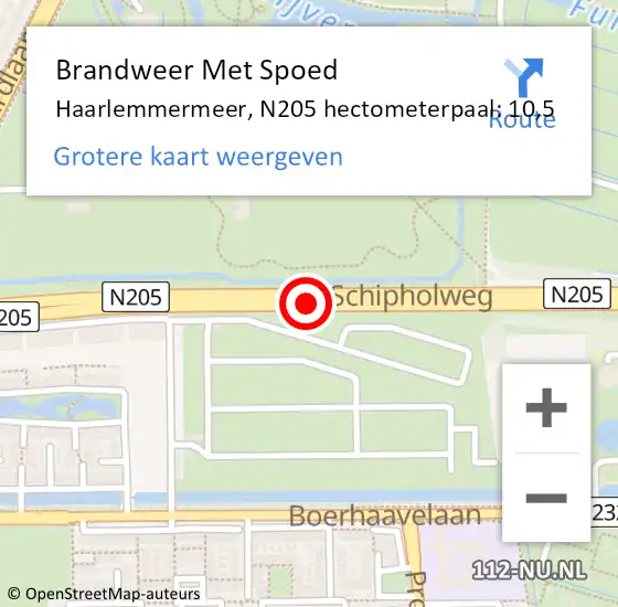 Locatie op kaart van de 112 melding: Brandweer Met Spoed Naar Haarlemmermeer, N205 hectometerpaal: 10,5 op 31 augustus 2022 19:41