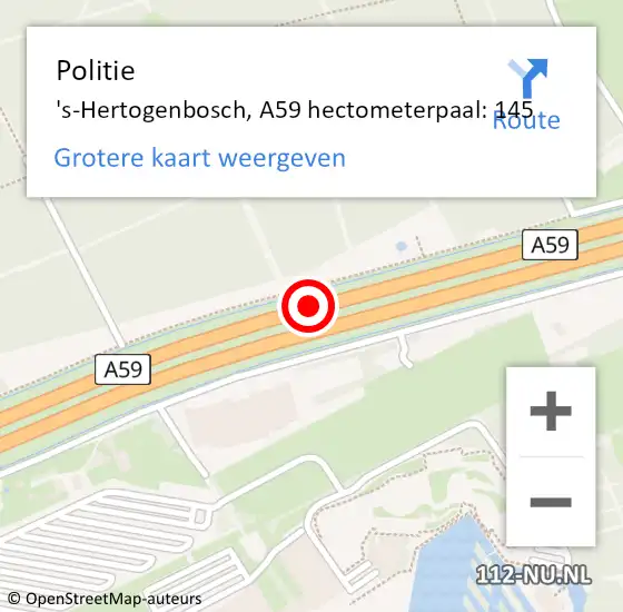 Locatie op kaart van de 112 melding: Politie 's-Hertogenbosch, A59 hectometerpaal: 145 op 31 augustus 2022 20:21