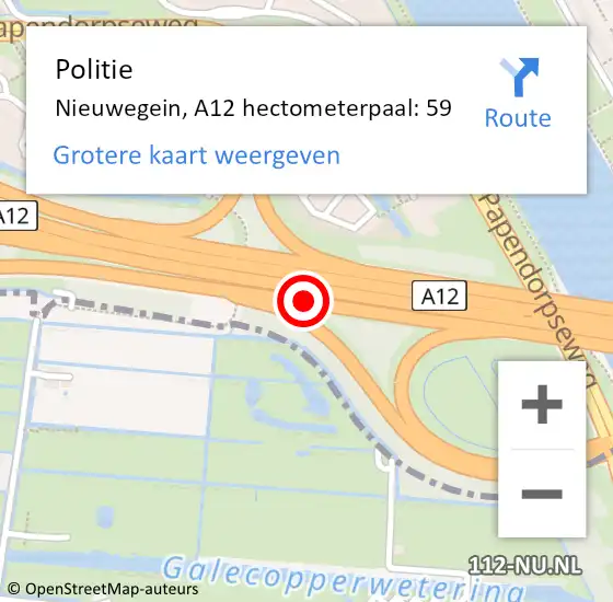 Locatie op kaart van de 112 melding: Politie Nieuwegein, A12 hectometerpaal: 59 op 1 september 2022 00:05