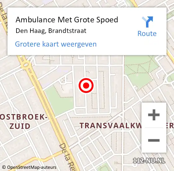 Locatie op kaart van de 112 melding: Ambulance Met Grote Spoed Naar Den Haag, Brandtstraat op 1 september 2022 13:28