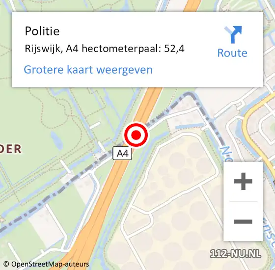Locatie op kaart van de 112 melding: Politie Rijswijk, A4 hectometerpaal: 52,4 op 1 september 2022 15:18