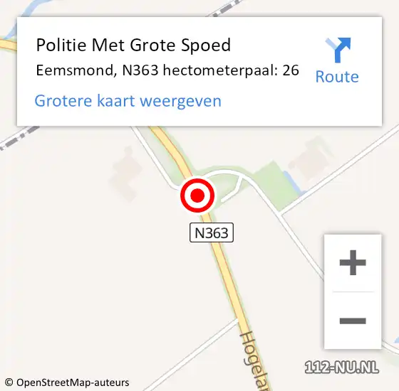 Locatie op kaart van de 112 melding: Politie Met Grote Spoed Naar Eemsmond, N363 hectometerpaal: 26 op 1 september 2022 17:15