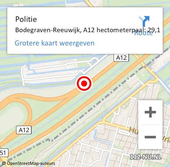 Locatie op kaart van de 112 melding: Politie Bodegraven-Reeuwijk, A12 hectometerpaal: 29,1 op 1 september 2022 18:55