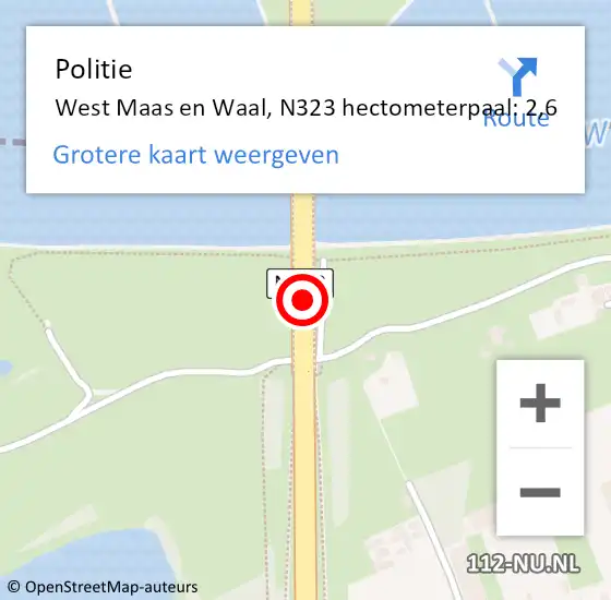 Locatie op kaart van de 112 melding: Politie West Maas en Waal, N323 hectometerpaal: 2,6 op 1 september 2022 21:09