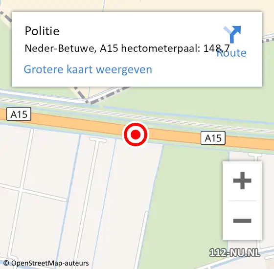 Locatie op kaart van de 112 melding: Politie Neder-Betuwe, A15 hectometerpaal: 148,7 op 2 september 2022 12:27