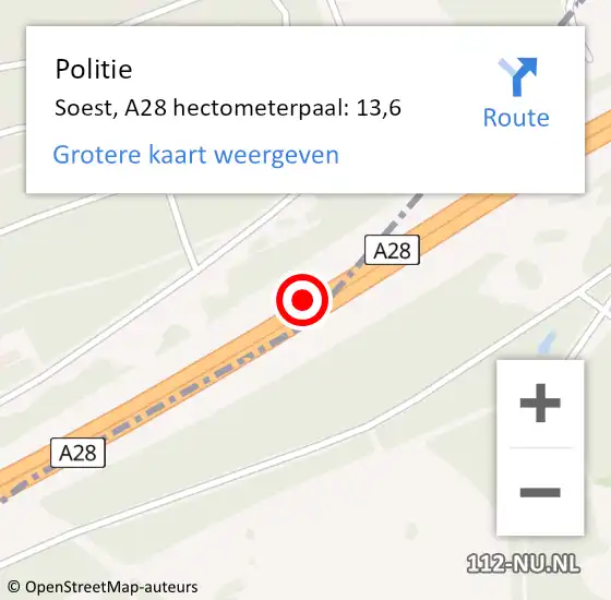 Locatie op kaart van de 112 melding: Politie Soest, A28 hectometerpaal: 13,6 op 2 september 2022 12:50