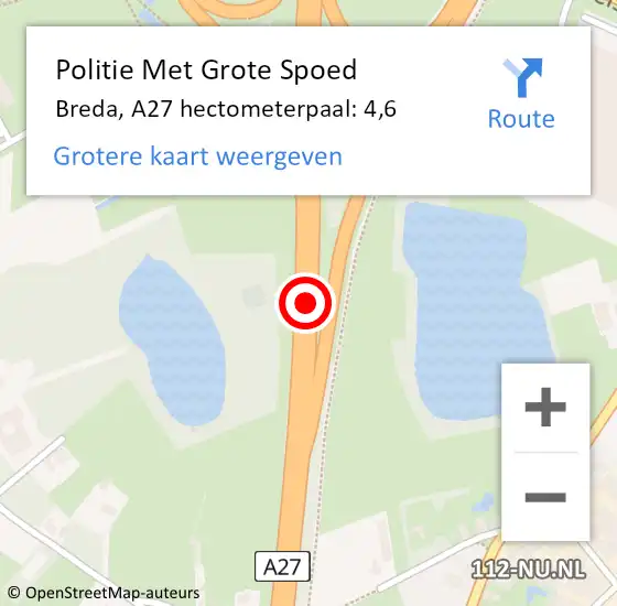 Locatie op kaart van de 112 melding: Politie Met Grote Spoed Naar Breda, A27 hectometerpaal: 4,6 op 2 september 2022 15:04