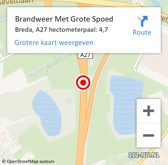 Locatie op kaart van de 112 melding: Brandweer Met Grote Spoed Naar Breda, A27 hectometerpaal: 4,7 op 2 september 2022 15:06
