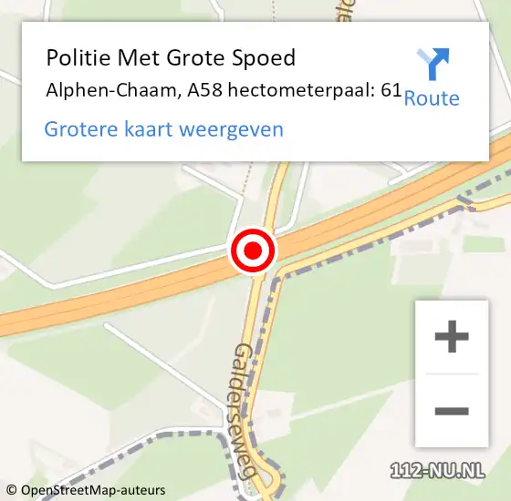 Locatie op kaart van de 112 melding: Politie Met Grote Spoed Naar Alphen-Chaam, A58 hectometerpaal: 61 op 2 september 2022 18:50