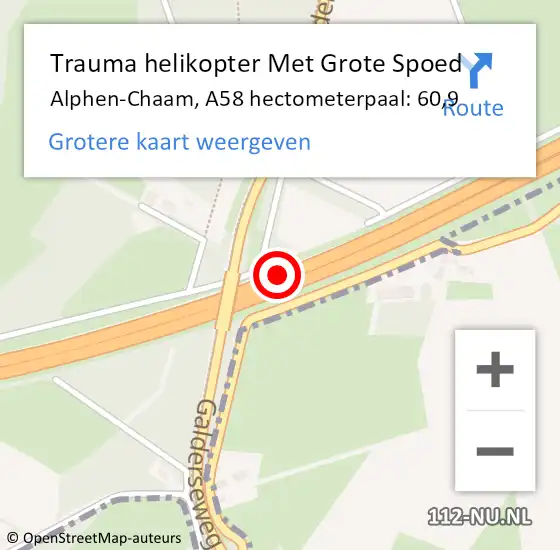 Locatie op kaart van de 112 melding: Trauma helikopter Met Grote Spoed Naar Alphen-Chaam, A58 hectometerpaal: 60,9 op 2 september 2022 19:02