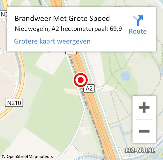 Locatie op kaart van de 112 melding: Brandweer Met Grote Spoed Naar Nieuwegein, A2 hectometerpaal: 69,9 op 2 september 2022 20:05