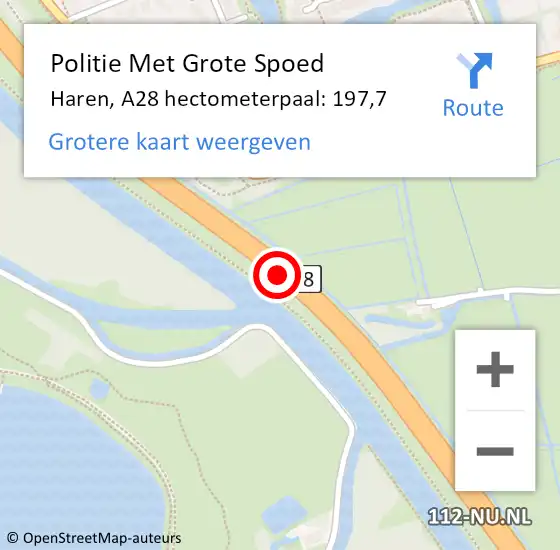Locatie op kaart van de 112 melding: Politie Met Grote Spoed Naar Haren, A28 hectometerpaal: 197,7 op 2 september 2022 21:53