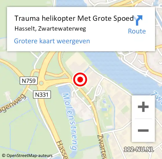 Locatie op kaart van de 112 melding: Trauma helikopter Met Grote Spoed Naar Hasselt, Zwartewaterweg op 3 september 2022 01:02