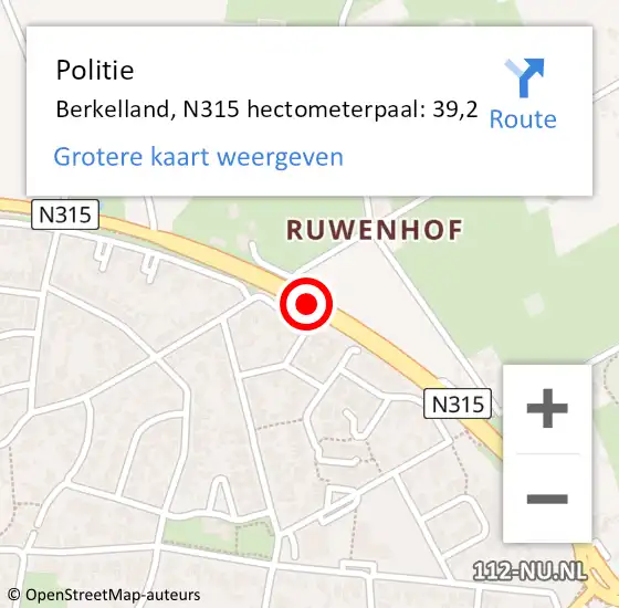 Locatie op kaart van de 112 melding: Politie Berkelland, N315 hectometerpaal: 39,2 op 3 september 2022 13:02